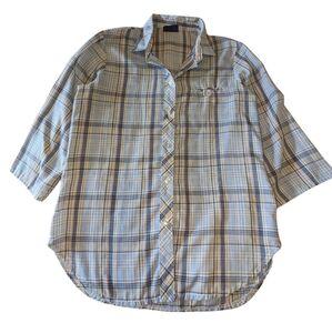 Women's Koret City Blues Plaid Button Down Collared Shirt, Size S, 3/4 Sleeves